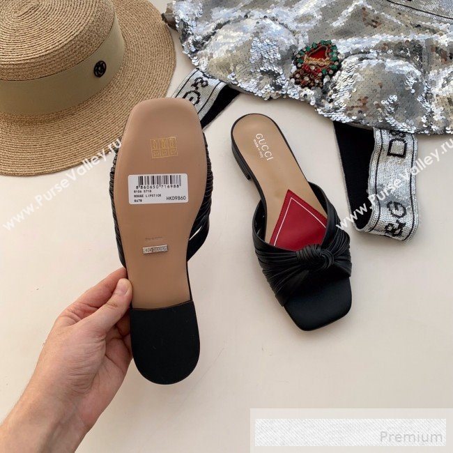 Gucci Twist Knot Leather Flat Slide Sandal ‎577231 Black 2019 (SS-9062142)