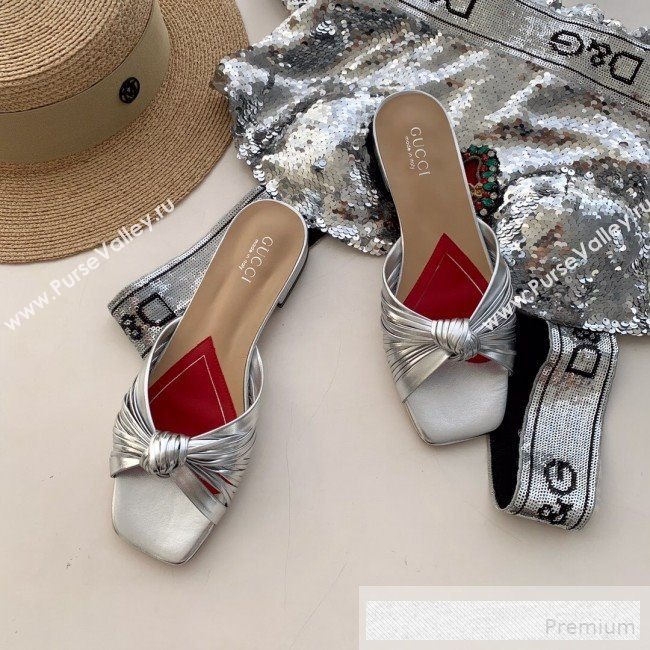 Gucci Twist Knot Metallic Leather Flat Slide Sandal ‎577231 Silver 2019 (SS-9062141)