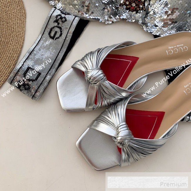 Gucci Twist Knot Metallic Leather Flat Slide Sandal ‎577231 Silver 2019 (SS-9062141)