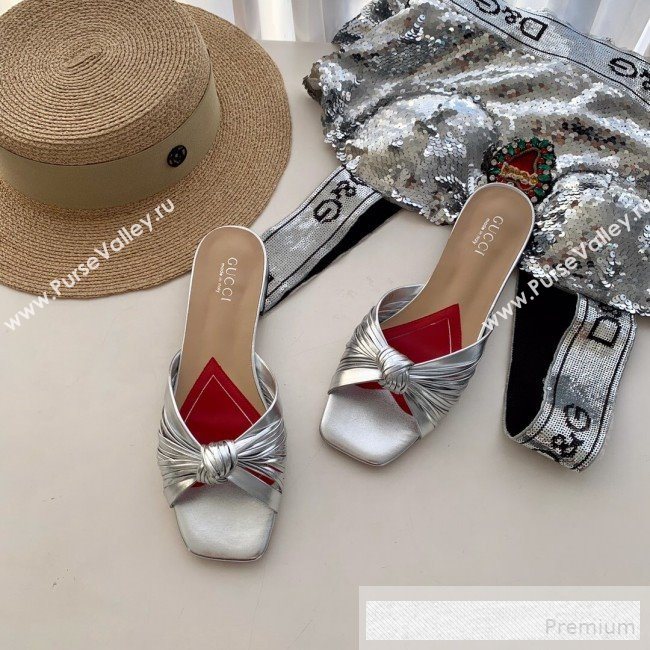 Gucci Twist Knot Metallic Leather Flat Slide Sandal ‎577231 Silver 2019 (SS-9062141)