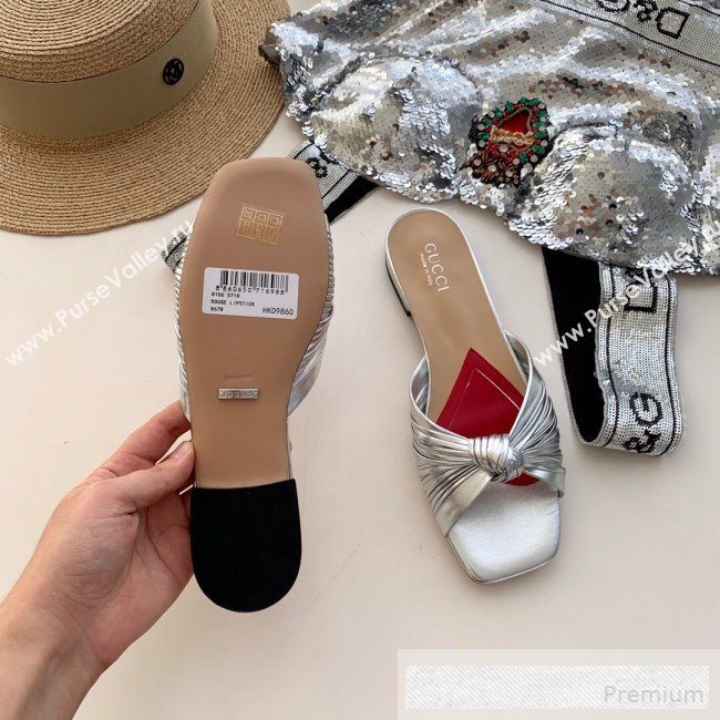 Gucci Twist Knot Metallic Leather Flat Slide Sandal ‎577231 Silver 2019 (SS-9062141)