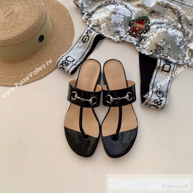 Gucci Horsebit Patent Leather Flat Thong Sandal Black 2019 (SS-9062145)