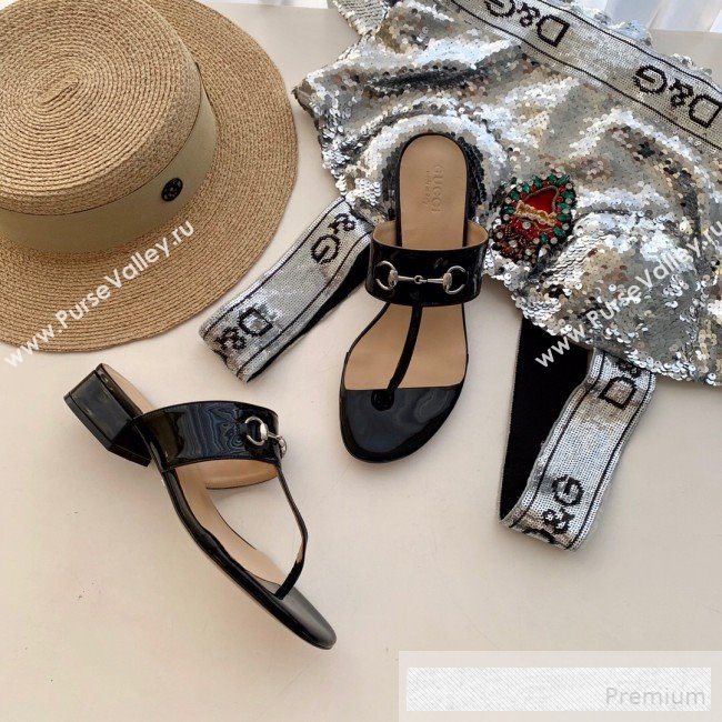 Gucci Horsebit Patent Leather Flat Thong Sandal Black 2019 (SS-9062145)