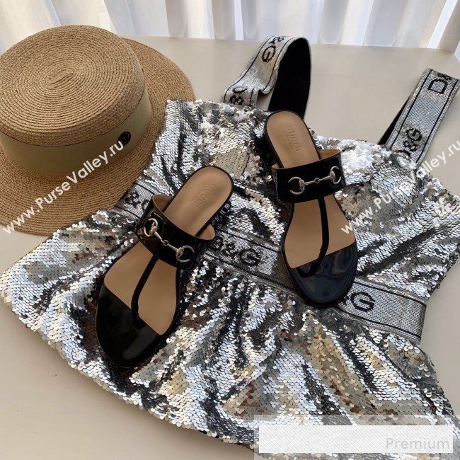 Gucci Horsebit Patent Leather Flat Thong Sandal Black 2019 (SS-9062145)