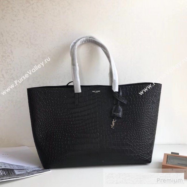 Saint Laurent Crocodile Embossed Leather Shopping Tote Bag 410667 Black 2019 (KTS-9062225)