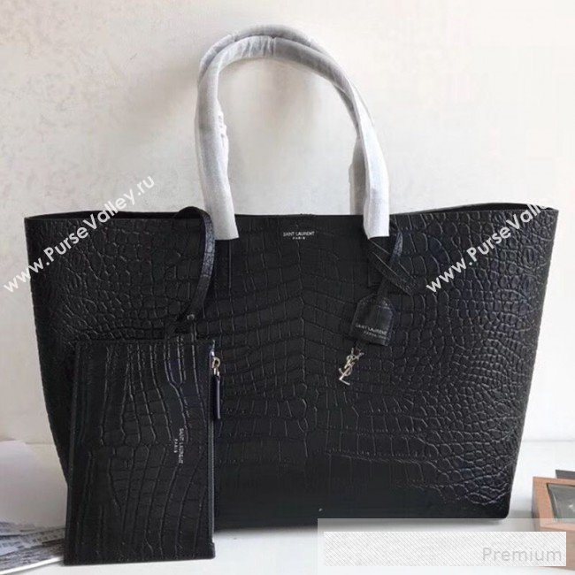 Saint Laurent Crocodile Embossed Leather Shopping Tote Bag 410667 Black 2019 (KTS-9062225)