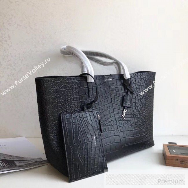 Saint Laurent Crocodile Embossed Leather Shopping Tote Bag 410667 Black 2019 (KTS-9062225)