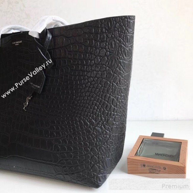 Saint Laurent Crocodile Embossed Leather Shopping Tote Bag 410667 Black 2019 (KTS-9062225)