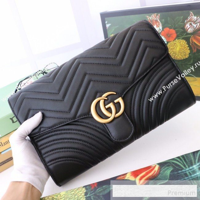 Gucci GG Marmont Chevron Leather Clutch 498079 Black 2019 (DLH-9061722)