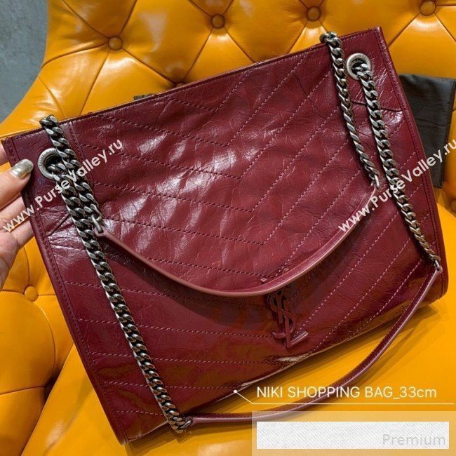 Saint Laurent Niki Medium Shopping Bag in Crinkled Vintage Leather 577999 Burgundy 2019 (WMJ-9061755)