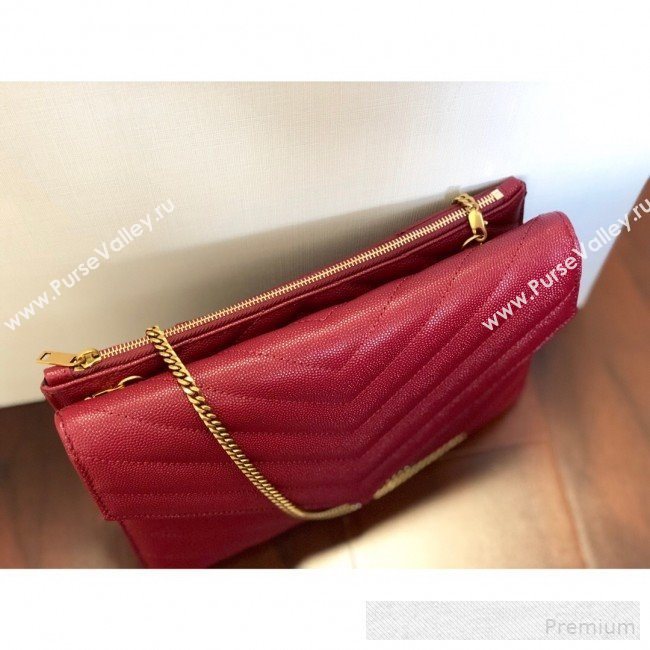 Saint Laurent Double Tribeca Chain Wallet WOC in Grain Embossed Aged Leather 569267 Red 2019 (KTS-9061759)