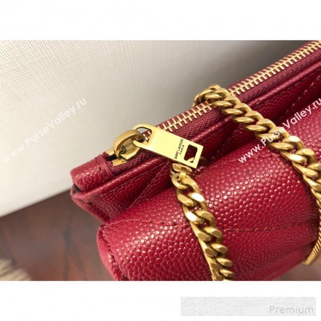 Saint Laurent Double Tribeca Chain Wallet WOC in Grain Embossed Aged Leather 569267 Red 2019 (KTS-9061759)