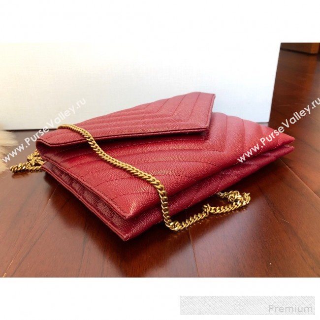 Saint Laurent Double Tribeca Chain Wallet WOC in Grain Embossed Aged Leather 569267 Red 2019 (KTS-9061759)