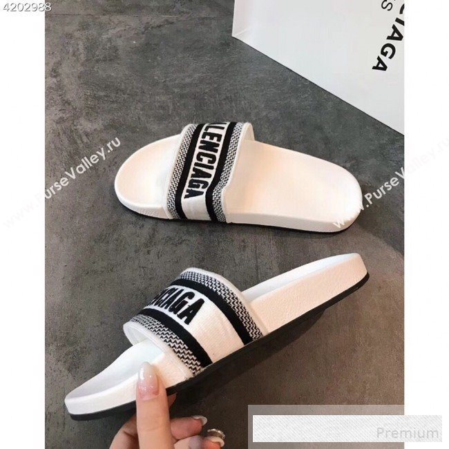 Balenciaga Embroidered Balenciaga Logo Flat Pool Slide Sandals White 2019(For Women and Men) (EM-9061876)