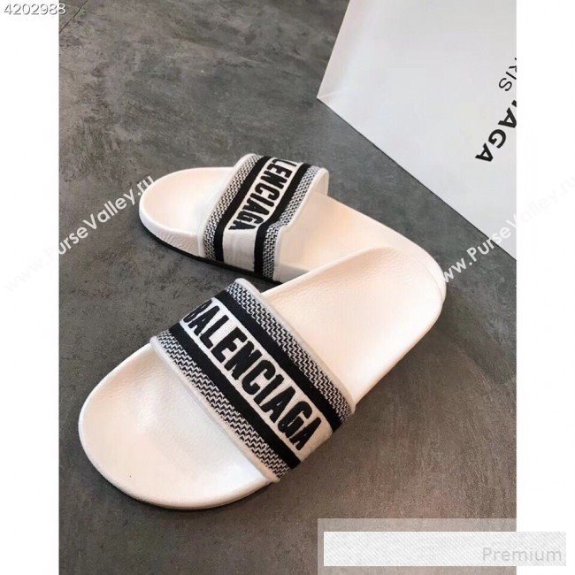 Balenciaga Embroidered Balenciaga Logo Flat Pool Slide Sandals White 2019(For Women and Men) (EM-9061876)