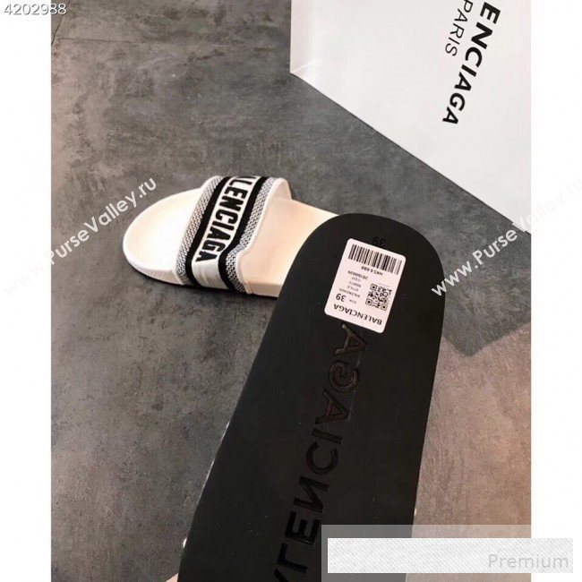 Balenciaga Embroidered Balenciaga Logo Flat Pool Slide Sandals White 2019(For Women and Men) (EM-9061876)