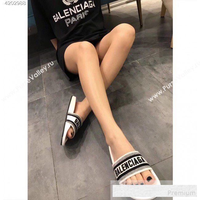 Balenciaga Embroidered Balenciaga Logo Flat Pool Slide Sandals White 2019(For Women and Men) (EM-9061876)