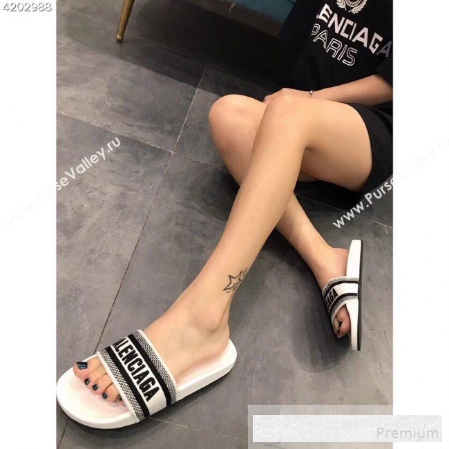Balenciaga Embroidered Balenciaga Logo Flat Pool Slide Sandals White 2019(For Women and Men) (EM-9061876)