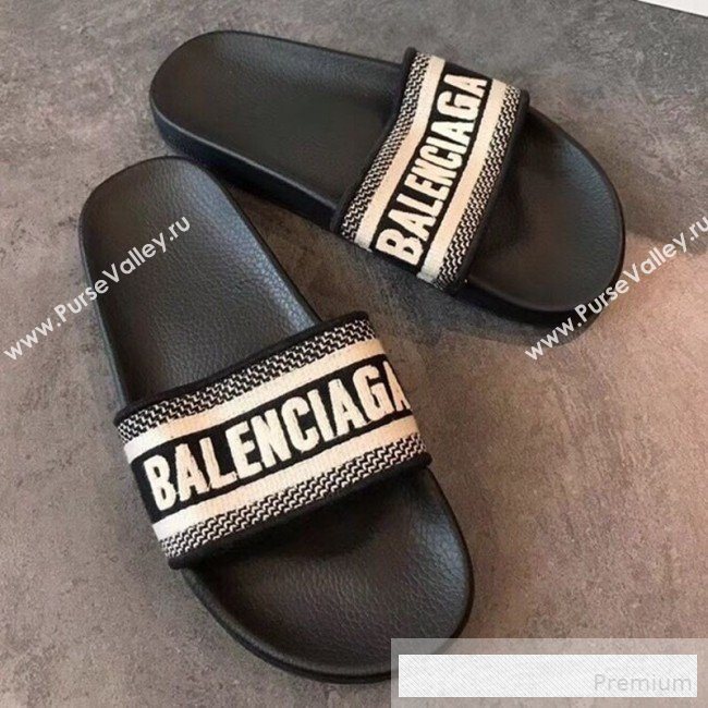 Balenciaga Embroidered Balenciaga Logo Flat Pool Slide Sandals Black 2019(For Women and Men) (EM-9061877)