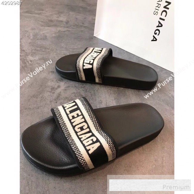 Balenciaga Embroidered Balenciaga Logo Flat Pool Slide Sandals Black 2019(For Women and Men) (EM-9061877)