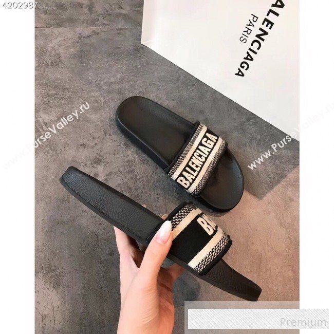 Balenciaga Embroidered Balenciaga Logo Flat Pool Slide Sandals Black 2019(For Women and Men) (EM-9061877)