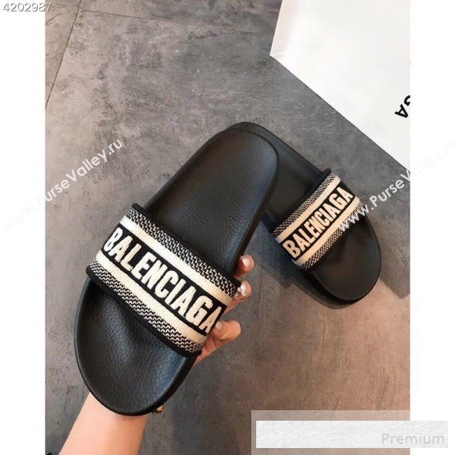 Balenciaga Embroidered Balenciaga Logo Flat Pool Slide Sandals Black 2019(For Women and Men) (EM-9061877)