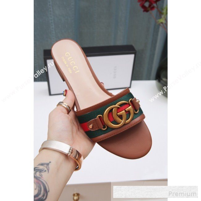 Gucci GG Web Flat Slide Sandals Brown 2019 (ANDI-9061852)