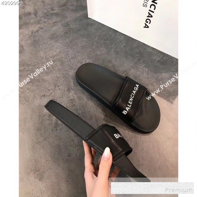 Balenciaga Flat Balenciaga Logo Pool Slide Sandals Black 2019(For Women and Men) (EM-9061871)