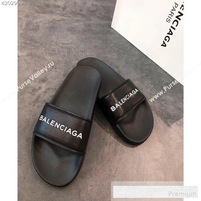 Balenciaga Flat Balenciaga Logo Pool Slide Sandals Black 2019(For Women and Men) (EM-9061871)