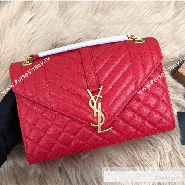 Saint Laurent Envelope Medium Flap Shoulder Bag in Matelasse Grain Leather 487206 Red 2019 (KTS-9062105)