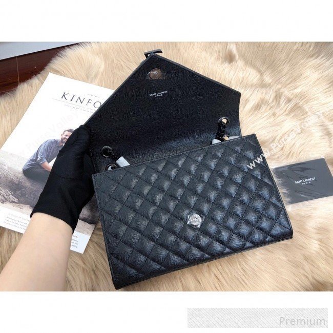 Saint Laurent Envelope Medium Flap Shoulder Bag in Matelasse Grain Leather 487206 All Black 2019 (KTS-9062106)