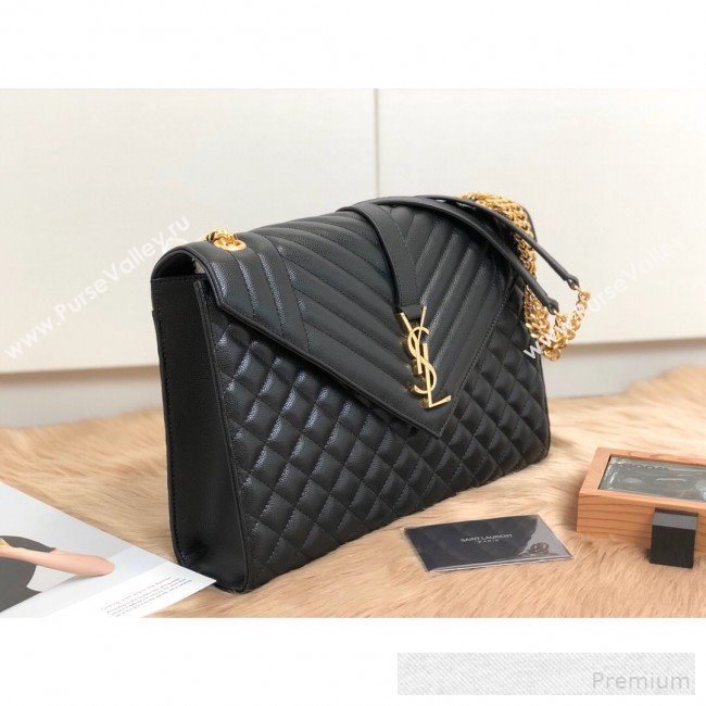 Saint Laurent Envelope Large Flap Shoulder Bag in Matelasse Grain Leather 487198 Black 2019 (KTS-9062109)