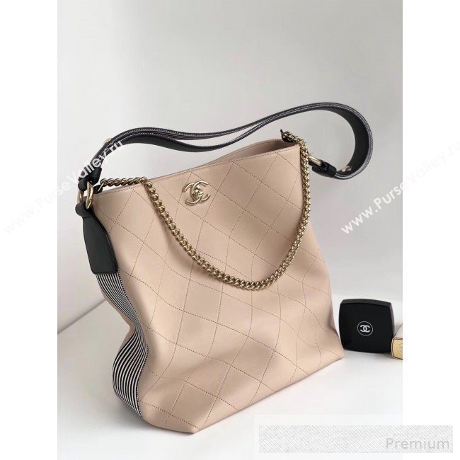 Chanel Quilted Leather Bucket Bag with Striped Fabric Side AS0666 Nude 2019 (YD-9062008)