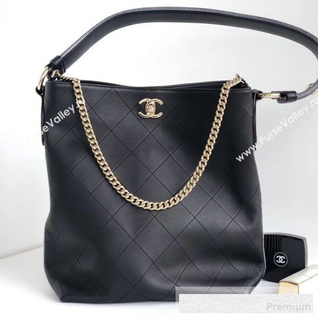 Chanel Quilted Leather Bucket Bag with Striped Fabric Side AS0666 Black 2019 (YD-9062007)