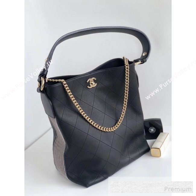 Chanel Quilted Leather Bucket Bag with Striped Fabric Side AS0666 Black 2019 (YD-9062007)