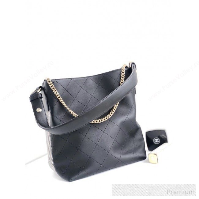 Chanel Quilted Leather Bucket Bag with Striped Fabric Side AS0666 Black 2019 (YD-9062007)