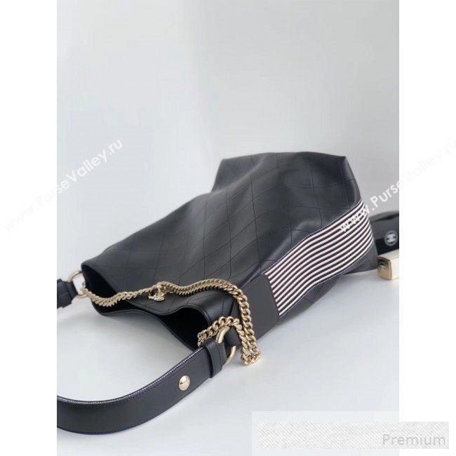 Chanel Quilted Leather Bucket Bag with Striped Fabric Side AS0666 Black 2019 (YD-9062007)