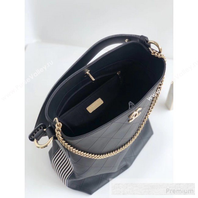 Chanel Quilted Leather Bucket Bag with Striped Fabric Side AS0666 Black 2019 (YD-9062007)