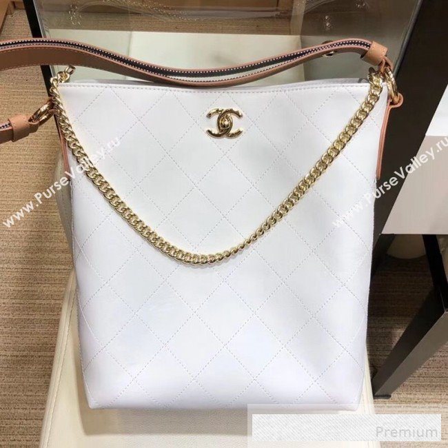 Chanel Quilted Leather Bucket Bag with Striped Fabric Side AS0666 White 2019 (AMY-9062009)