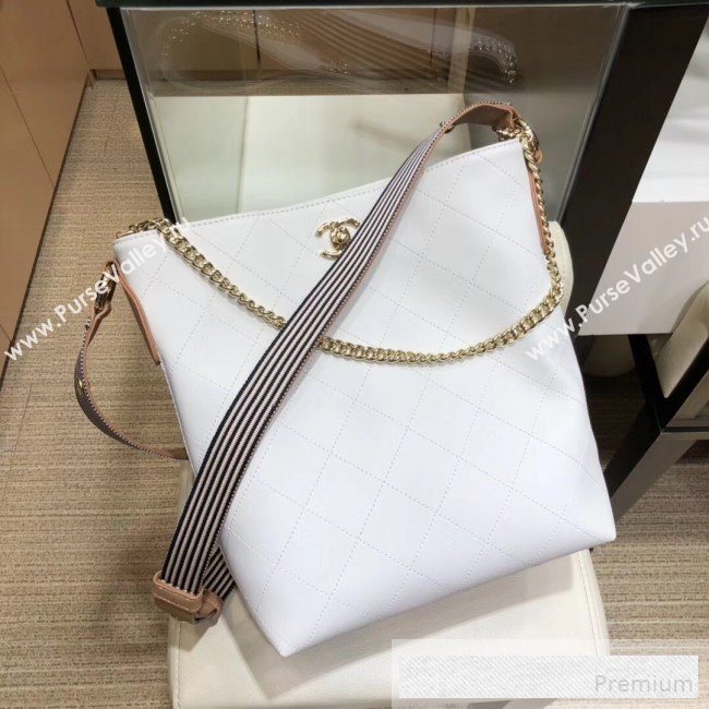 Chanel Quilted Leather Bucket Bag with Striped Fabric Side AS0666 White 2019 (AMY-9062009)
