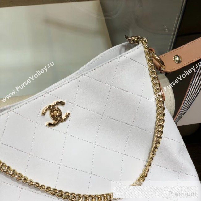 Chanel Quilted Leather Bucket Bag with Striped Fabric Side AS0666 White 2019 (AMY-9062009)