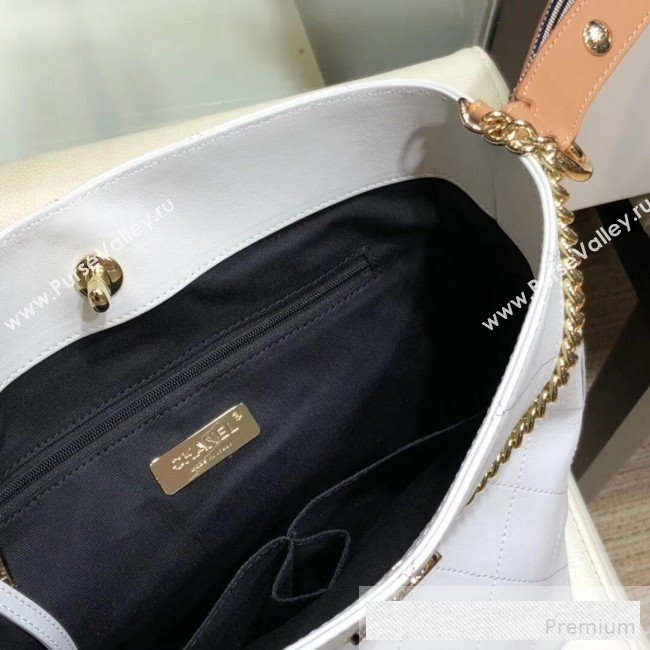 Chanel Quilted Leather Bucket Bag with Striped Fabric Side AS0666 White 2019 (AMY-9062009)