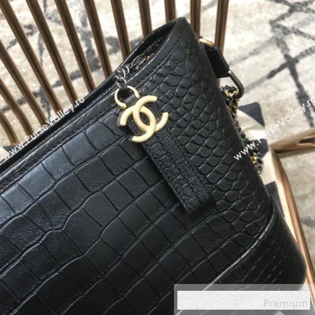 Chanel Crocodile Embossed Calfskin Gabrielle Medium Hobo Bag AS0866 Black 2019 (JDH-9062402)