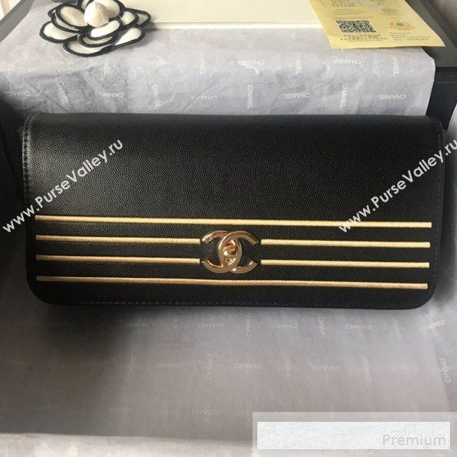 Chanel Grained Calfskin Stripes Long Flap Clutch Black 2019 (SSZ-9062403)