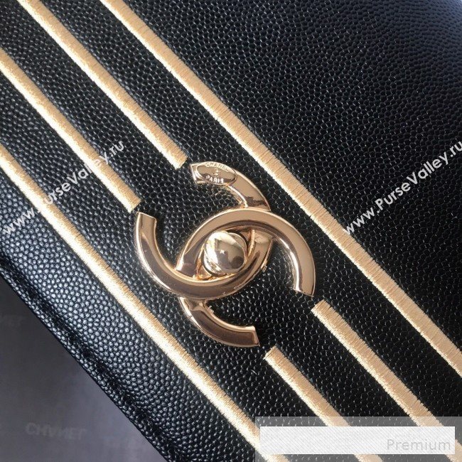 Chanel Grained Calfskin Stripes Long Flap Clutch Black 2019 (SSZ-9062403)