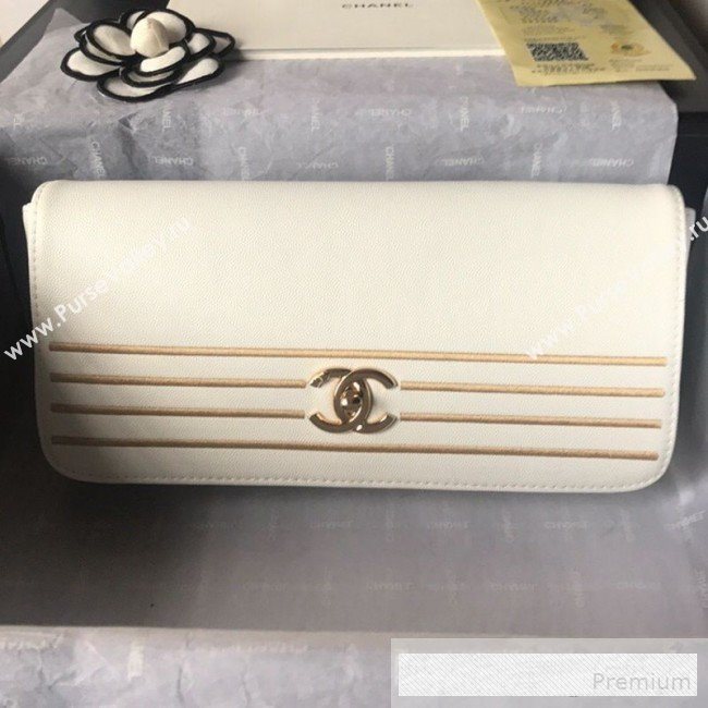 Chanel Grained Calfskin Stripes Long Flap Clutch White 2019 (SSZ-9062404)