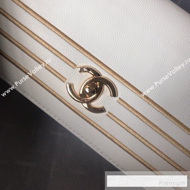 Chanel Grained Calfskin Stripes Long Flap Clutch White 2019 (SSZ-9062404)