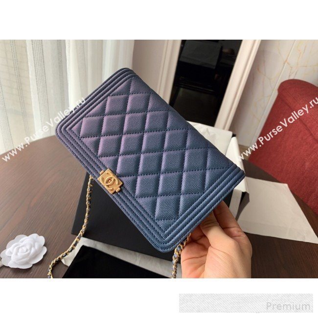 Chanel Iridescent Grained Calfskin Boy Wallet On Chain WOC A80287 Blue 2019 (BLWX-9062409)