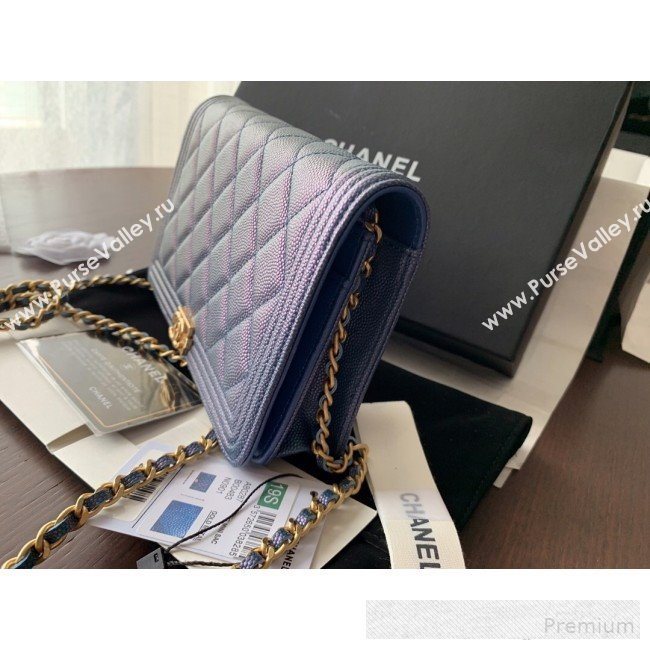 Chanel Iridescent Grained Calfskin Boy Wallet On Chain WOC A80287 Blue 2019 (BLWX-9062409)