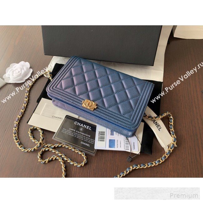 Chanel Iridescent Grained Calfskin Boy Wallet On Chain WOC A80287 Blue 2019 (BLWX-9062409)